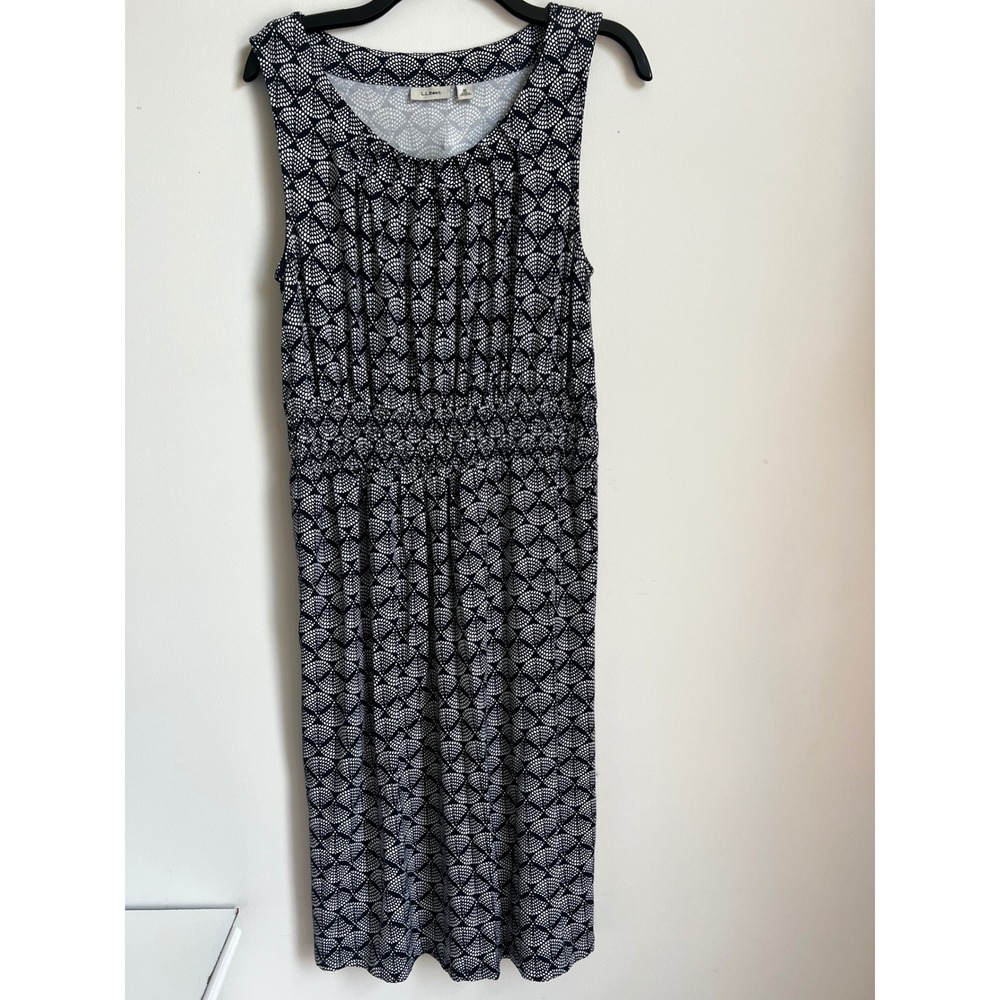L.L.Bean Womens Medium Black White Print Sleeveless Midi Dress Casual‎